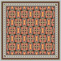 Colorful geometric pattern featuring interlocking circles and crosses, framed with intricate borders in black, gold, and red hues. vector