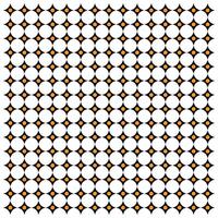 A repeating geometric pattern of black stars shapes surrounding white circles, each with a small orange dot in the center, it could be used as a wallpaper, fabric design, curtain, pillow vector