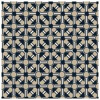 A geometric pattern featuring navy blue arrows and circles on a beige background, creating a uniform, interconnected design. vector