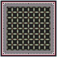 A geometric pattern featuring alternating leaf shapes in pale green and red dots on a black background, bordered by intricate stripes. vector