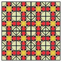 A vibrant geometric pattern featuring interlocking red, yellow, and green shapes, enclosed within a black grid. vector