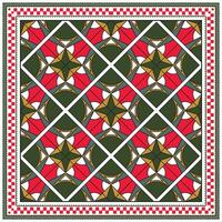 Colorful geometric pattern red, green, and gold designs, bordered with a checkered edge. Perfect for festive themes, It could be used as a wallpaper, fabric design, or other decorative elements vector