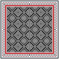 Geometric black and white patterned textile with a red border and colorful decorative edges, featuring repeated diamond shapes and intricate designs. vector