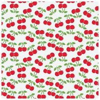 Pattern of bright red cherries with green leaves on a light grey background, arranged evenly across the canvas, It could be used as a wallpaper, fabric design, curtain, pillow or other element vector