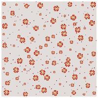 A square geometric print pattern, light gray background adorned with orange and white flowers scattered among small pink dots, It could be used as a wallpaper, fabric design, or other element. vector