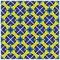 A vibrant geometric pattern of intertwined stars in blue, yellow, and green, arranged in a diamond grid on a white background. vector