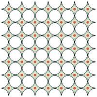 A pattern of overlapping circles and star shapes in muted colors, featuring red centers, arranged in a grid format. vector