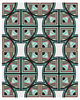 Colorful geometric pattern featuring interlocking circles and squares, with vibrant lines in teal, red, and black on a light background. vector