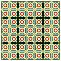 A vibrant geometric pattern featuring repeating squares with red and white circles, surrounded by yellow and blue elements, It could be used as a wallpaper, fabric design, or other decorative elements vector