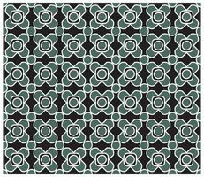 A repeated geometric pattern featuring flower shapes and circles in green and white on a black background, it could be used as a wallpaper, fabric design, curtain, pillow and gift box vector