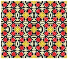 A patterned textile design featuring interconnected circles with yellow, red, and black geometric shapes on a pale green background., It could be used as a wallpaper, fabric design, or other elements vector