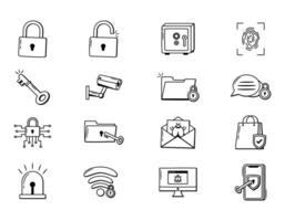Security Icons Collection with Doodle Style, Hand Drawn Security and Privacy Icons Set vector