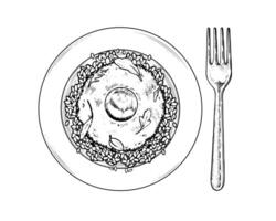 Hand drawn illustration of a rice, eggs and kimchi bowl in black line art. Top view sketch of a classic Asian dish, perfect for Korean and Japanese cuisine visuals. With a white backgrounds vector