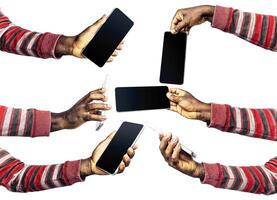set of Black hands in red striped long sleeves sweater holding phone facing camera isolated on white background. blank screen, phone screen mockup, front view, clipping path, clipping mask photo