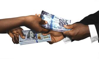 Two black african people hands holding exchanging stacks USA Dollar and Ghanaian cedi currrency notes on white background. pairing, Weighing and comparing two country monies. Exchange rate concept photo