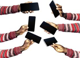 set of Black hands in red striped long sleeves sweater holding phone facing camera isolated on white background.blank screen, phone screen mockup, front view, clipping path, clipping mask photo