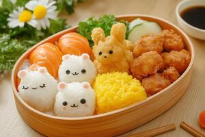 A wooden box filled with rice, meat, and vegetables photo