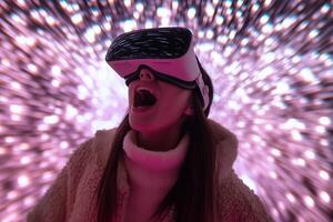 A woman wearing a virtual reality headset photo