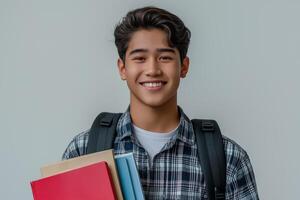 Portrait of asian student with books and backpack photo