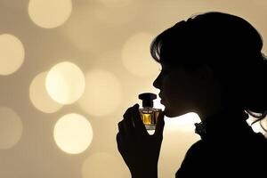 A woman is holding a perfume bottle in front of a bokeh background photo
