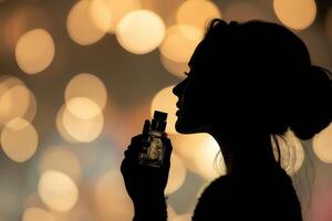 A woman is holding a perfume bottle in front of a bokeh background photo
