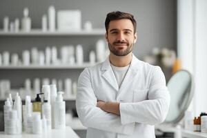 A man in a lab coat standing in front of a shelf of cosmetics photo