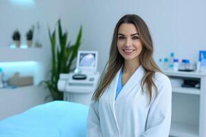 Smiling woman in white coat standing in front of a bed photo