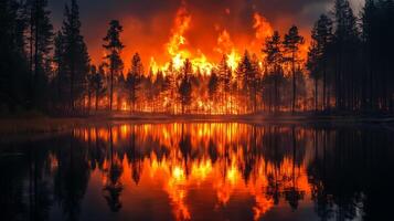 A forest fire is burning in the middle of a lake photo