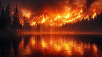 A forest fire is burning in the middle of a lake photo