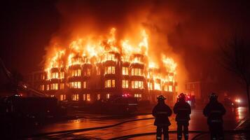 Firefighters stand in front of a burning building photo