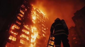 A firefighter standing in front of a burning building photo