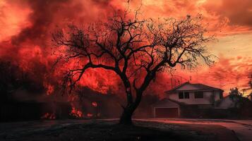 A tree is in front of a house with a fire in the background photo