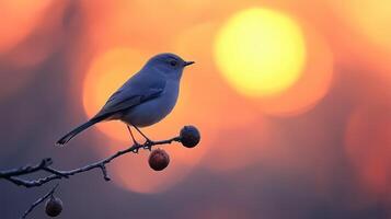 A bird sits on a branch with a sun in the background photo