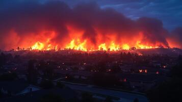 A large fire is burning in the sky over a residential area photo