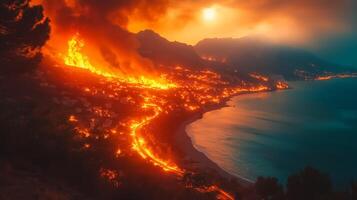 A fire is burning on the coast of a mountain photo