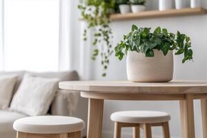 A table with two stools and a plant on it photo