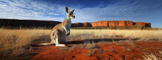 A kangaroo is standing in the middle of a field photo