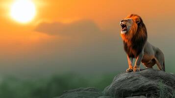 A lion is standing on a rock with the sun in the background photo