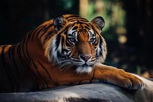 A tiger is sitting on a rock in the woods photo