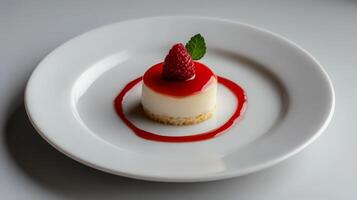 A dessert on a white plate with a raspberry sauce photo