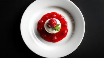 A dessert on a white plate with a raspberry sauce photo