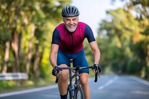 An older man riding a bike on a road photo