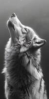 Monochrome photo of a wolf baring fangs and yawning at the sky
