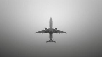 Monochromatic image of an aircraft soaring through misty skies photo