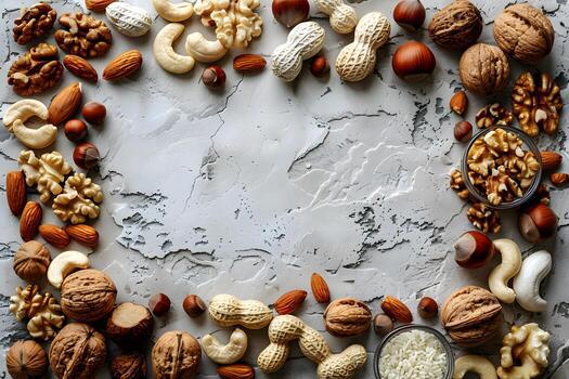 Assorted nuts displayed in a circular arrangement on a table photo