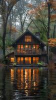 Cozy Cabin in Autumn Forest, Reflected in Tranquil Waters photo