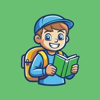 Schoolboy with Backpack and Open Book Studying and Learning vector