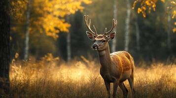 Majestic deer in autumn, standing in the forest with golden foliage. Sunlight illuminates the natural scene. photo