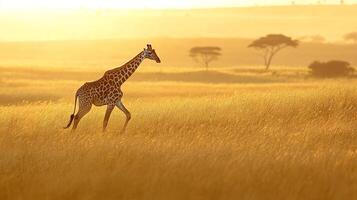 Giraffe strides through a sunlit savanna, casting a long shadow across the golden grass. The light enhances the picturesque scenery. photo