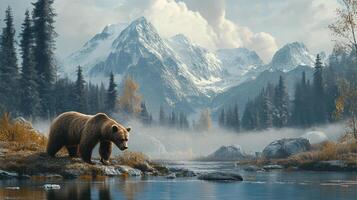 Brown bear in a misty mountain landscape, foraging for food by a serene river. Majestic peaks provide a stunning backdrop. photo